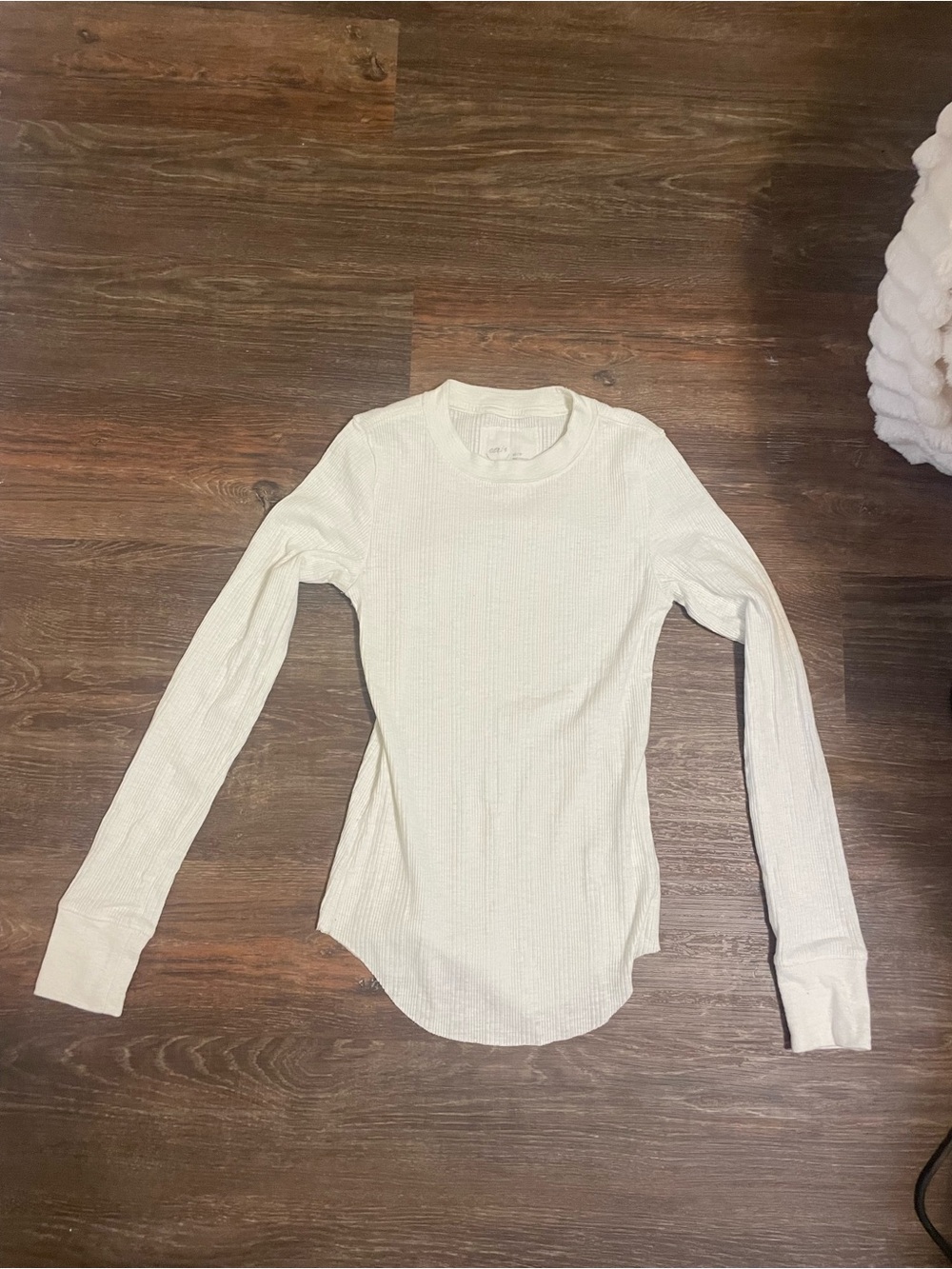 aerie Cream Ribbed Long-Sleeve Crewneck Top